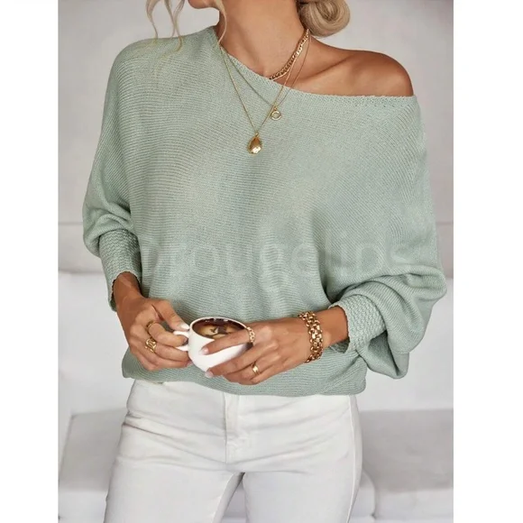 Mint Green Boat Neck Light Knit Sweater Batwing Sleeve Loose Fit, Stretchy - Picture 3 of 8